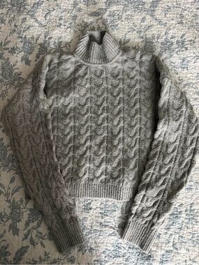 Pink Rose Cable Knit Turtleneck Sweater - Light Gray
